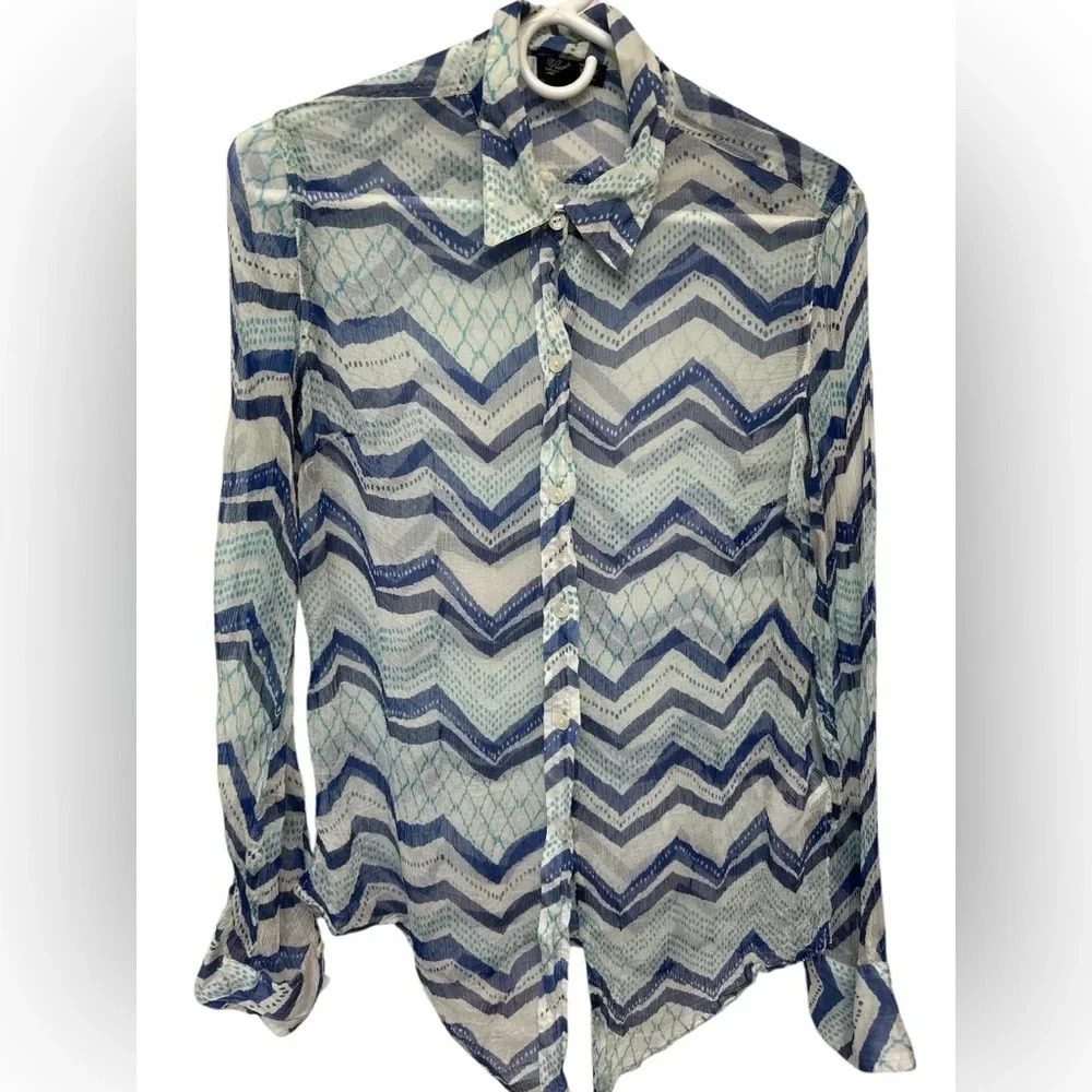 Lucky Brand blue and white chevron sheer long sleeve button up shirt